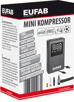 EUFAB Mini-compresseur Rechargeable -Vélos Pièces Magasin eufab 21083 300 20126017 Mini Kompressor aufladbar 12